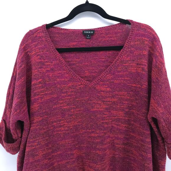Torrid Boho Chic Vibrant Marled Maroon V-Neck Cuffed Short-Sleeve Sweater 14/16 - Picture 2 of 10
